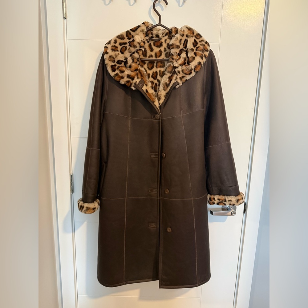 Vintage brown lamb leather leopard women’s jacket reversible - size 40 medium